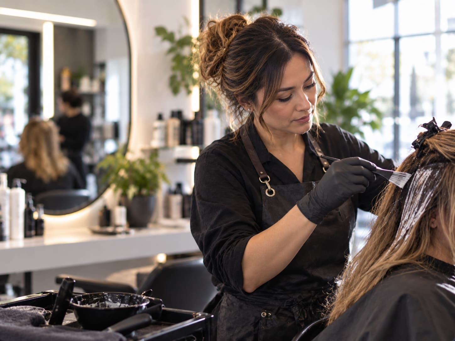 A stylist in gloves brushing colour onto a client's hair in a bright salon