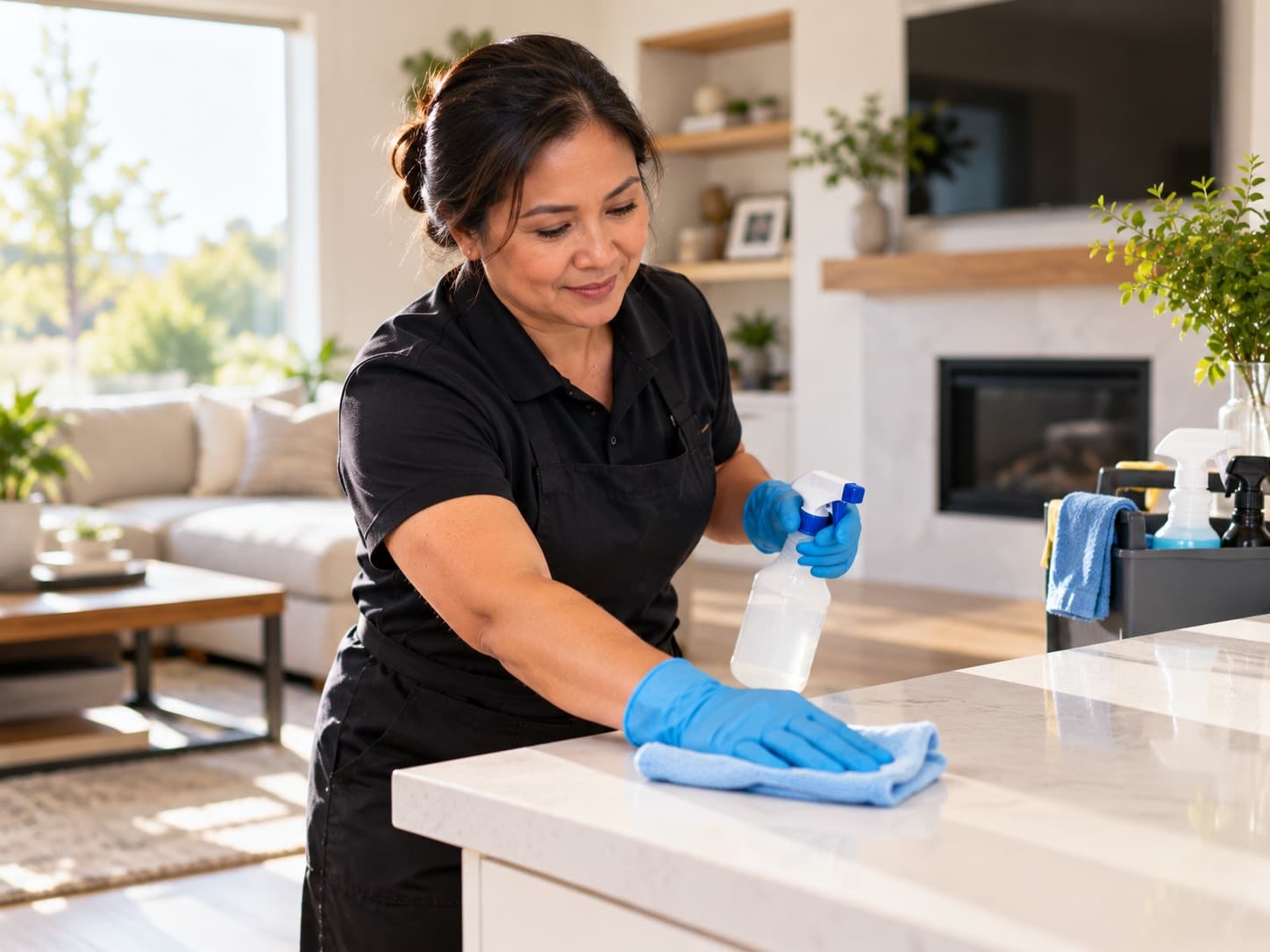A house cleaner in gloves wiping down a white kitchen island in a bright, modern home