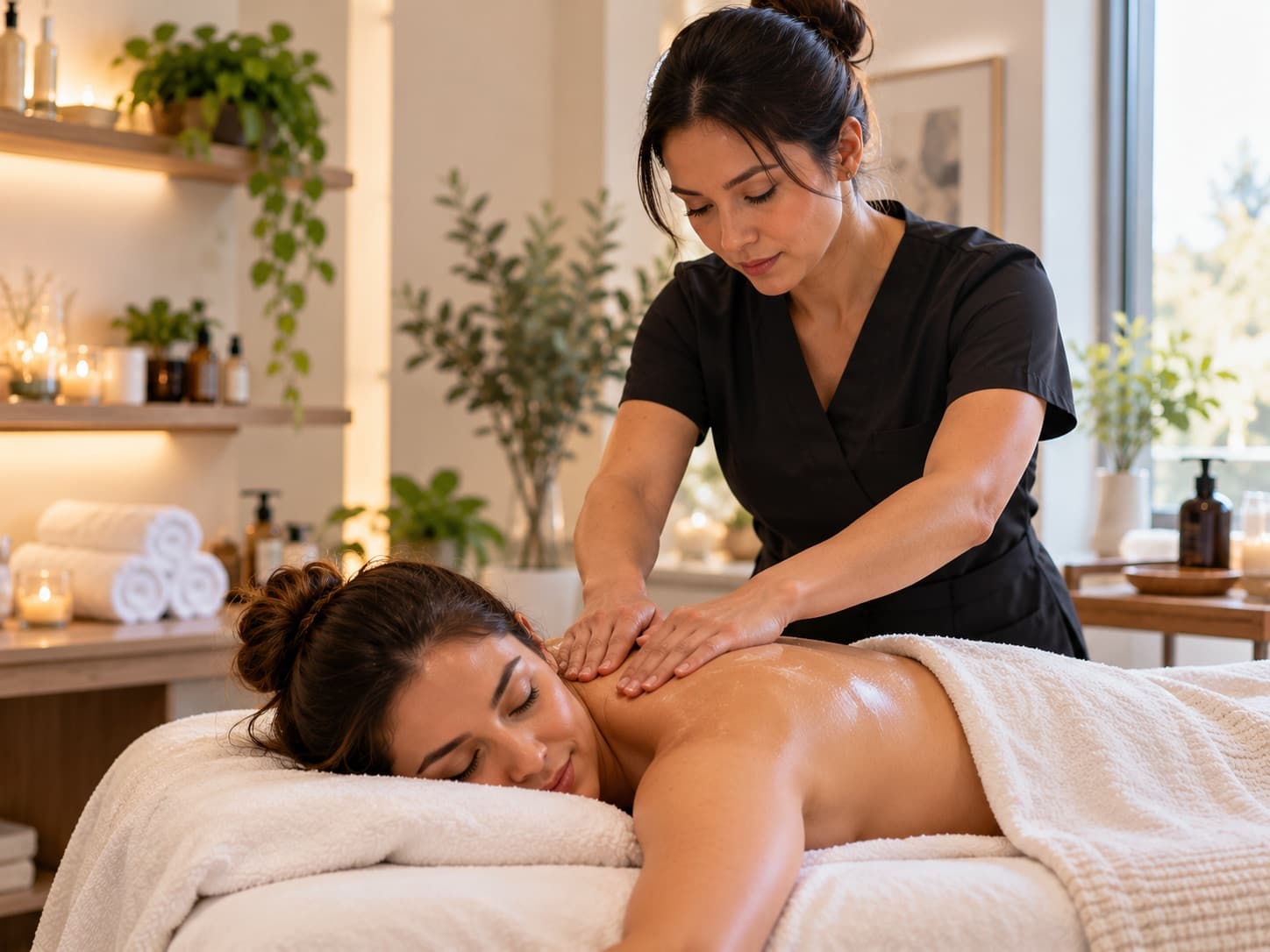 A massage therapist giving a relaxing back massage to a client in a softly lit studio