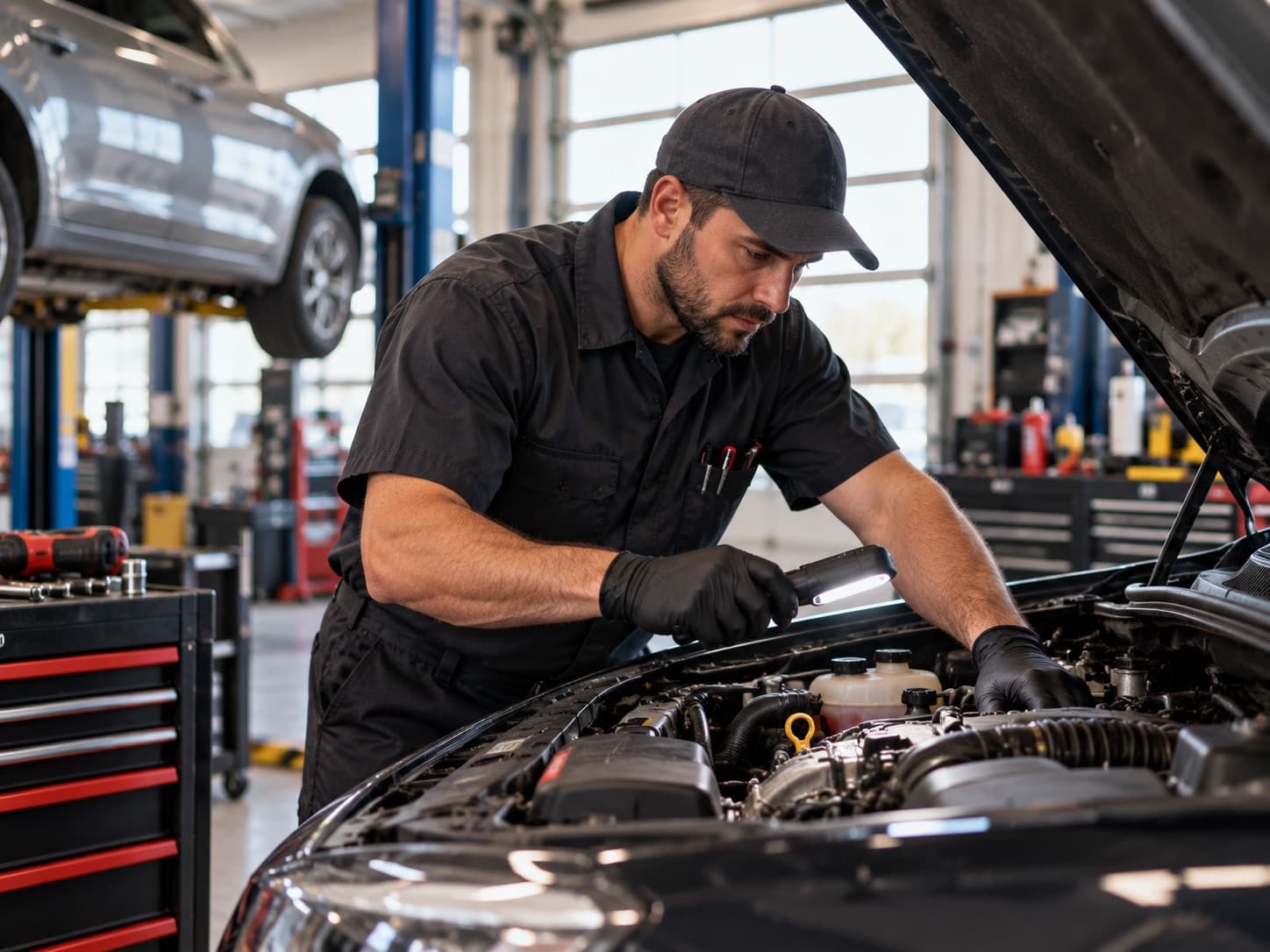 A mechanic in black gloves inspecting a car's engine bay with a work light in a bright repair shop