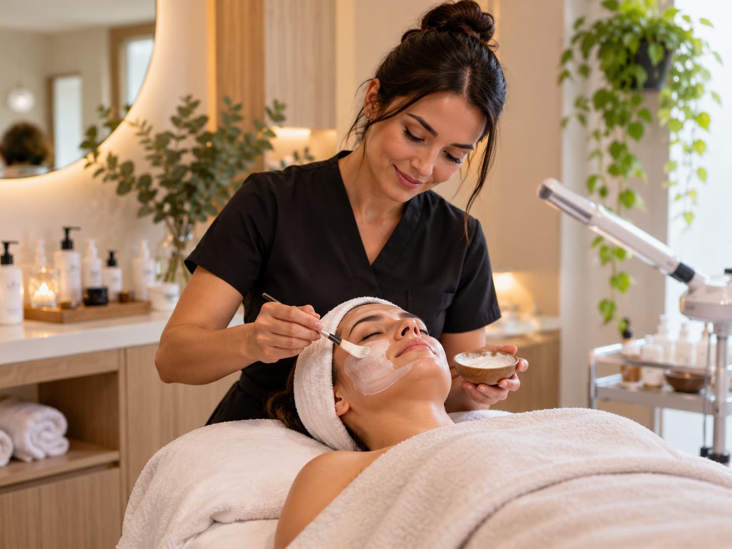 An esthetician applying a facial mask to a relaxed client in a calm treatment room