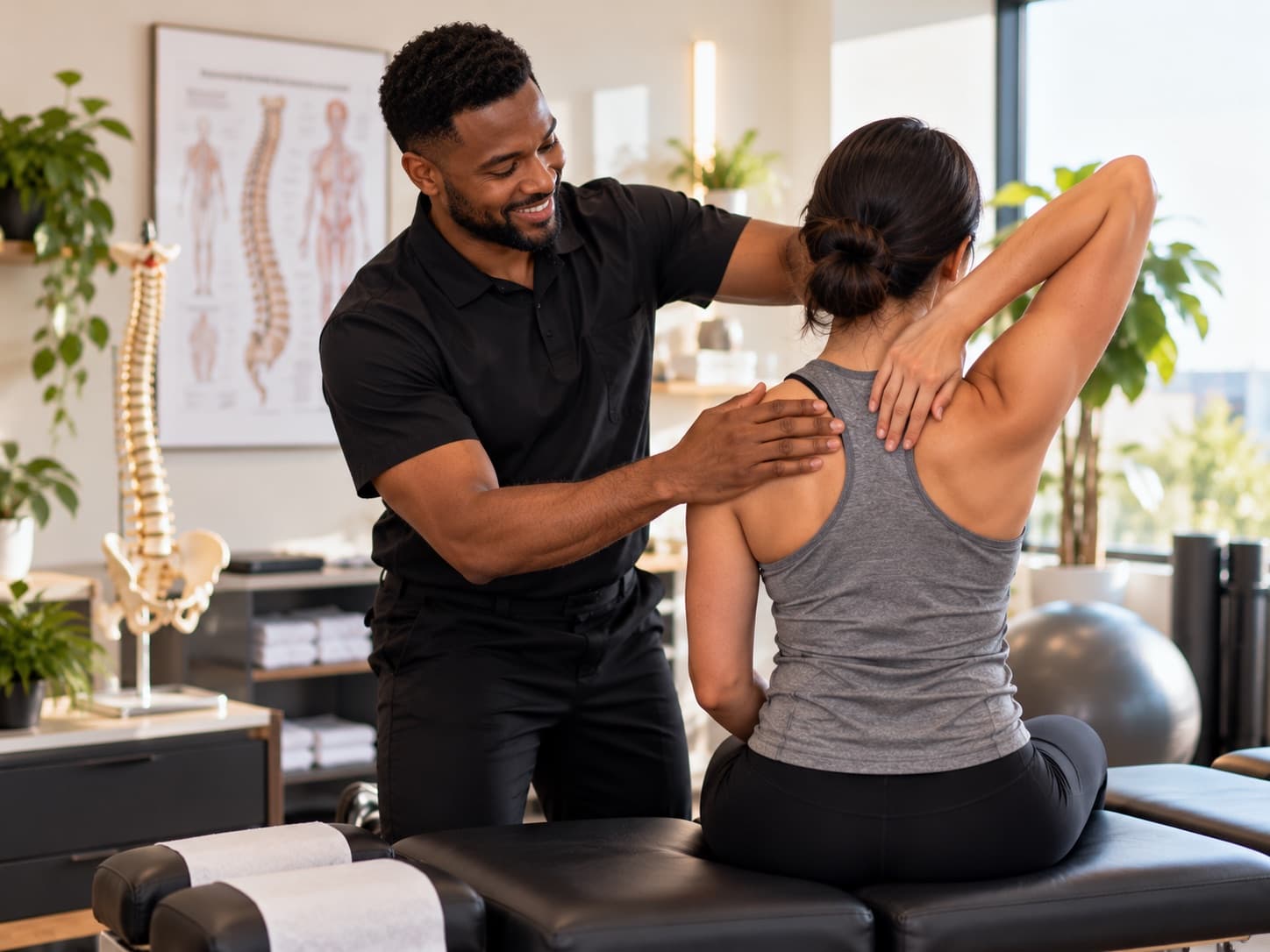A chiropractor checking the shoulder mobility of a seated patient in a bright clinic