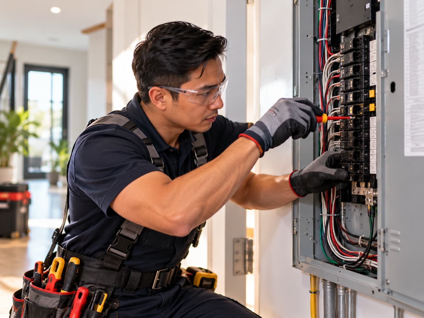 An electrician in safety glasses and work gloves servicing a residential breaker panel in a bright hallway