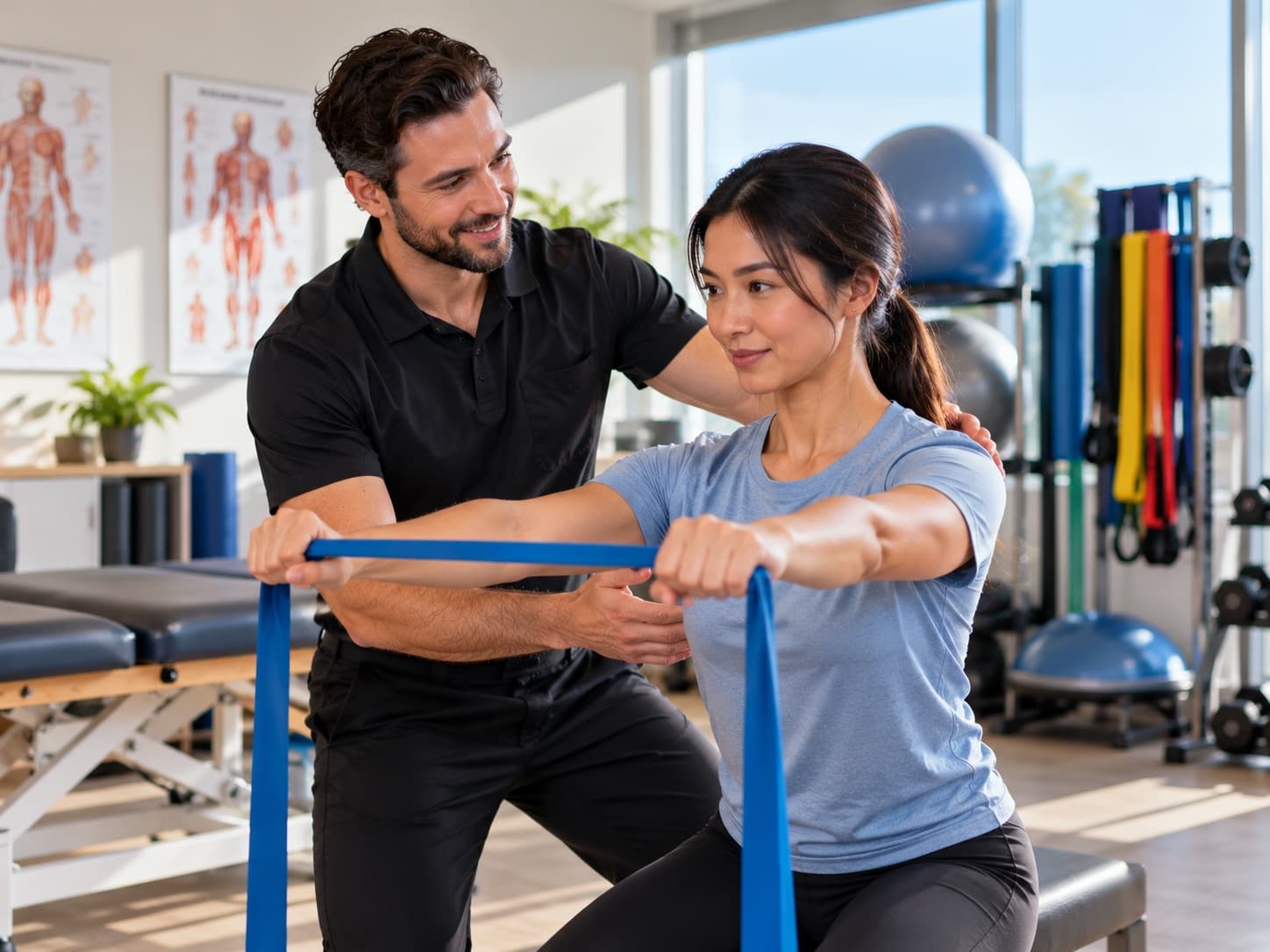 A physiotherapist guiding a seated patient through a resistance-band exercise in a bright clinic gym