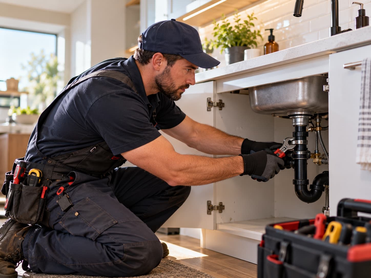 A plumber in a navy cap and tool belt kneeling to repair the drain pipes under a kitchen sink with a wrench